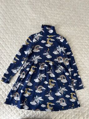 Mini Boden Navy Unicorn, Rainbow & Moon Turtleneck Dress